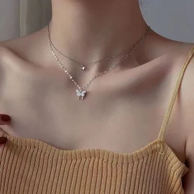 Silver Color Shiny Butterfly Pendant Necklace 
